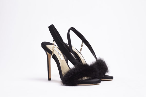 high heel amazone woman shoe black satin and mink embellishment