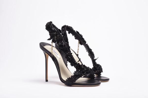 High heel woman shoe black nappa leat with flowersher