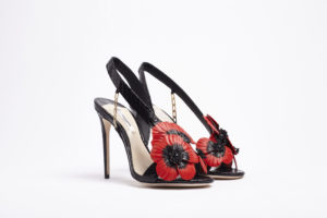 AMAZONE SANDAL high heel black watersnake with red poppy flower