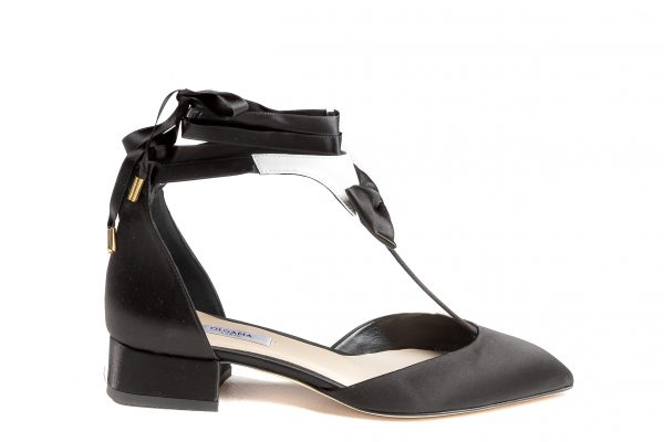 La garconne black and white flat leather and satin woman shoe