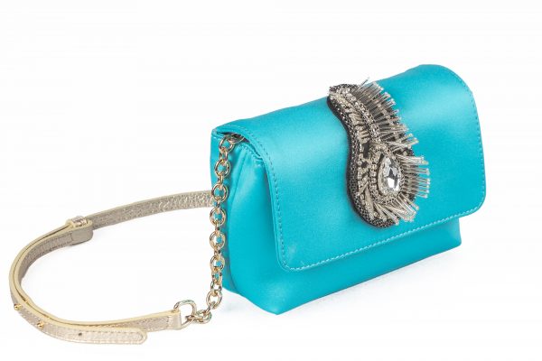 adjustable clutch turquoise satin hand embroidered